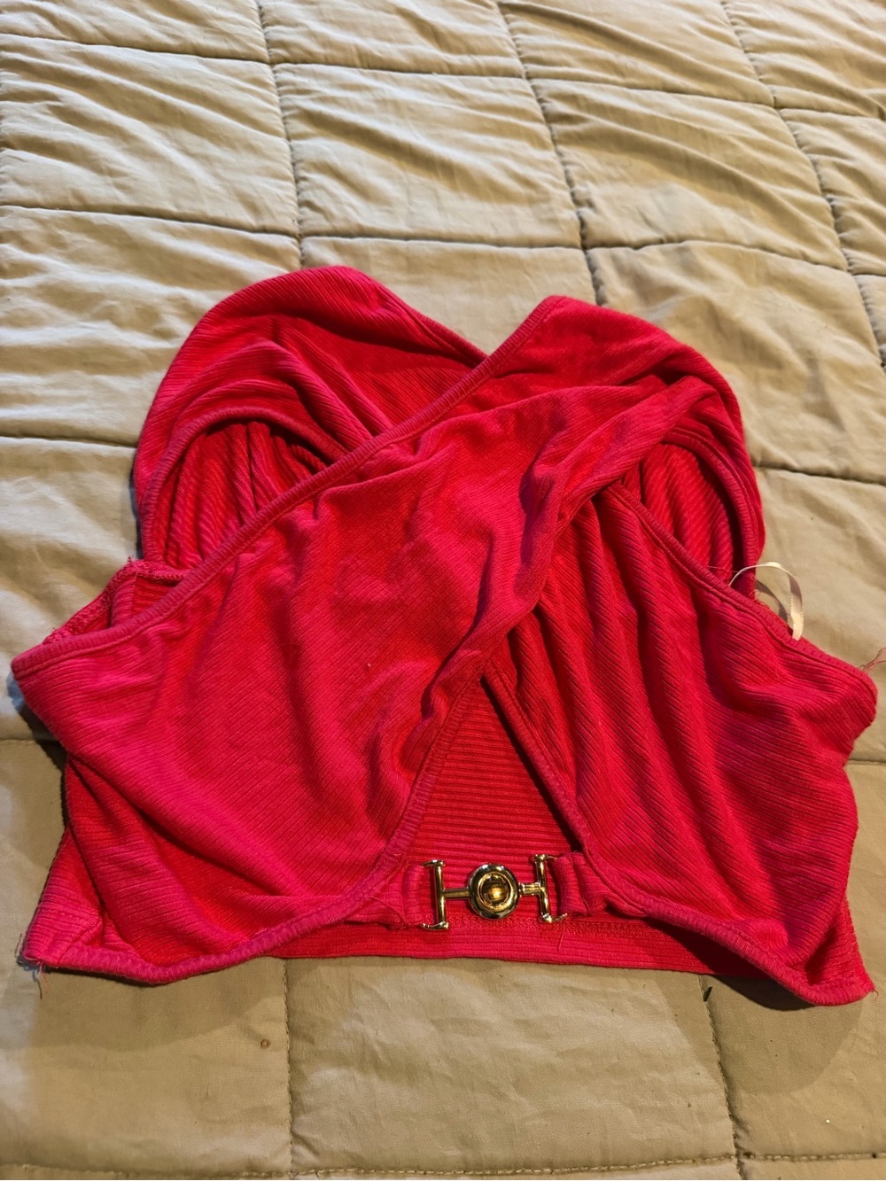 SHEIN Red Twist-Front Crop Top with Gold Accent